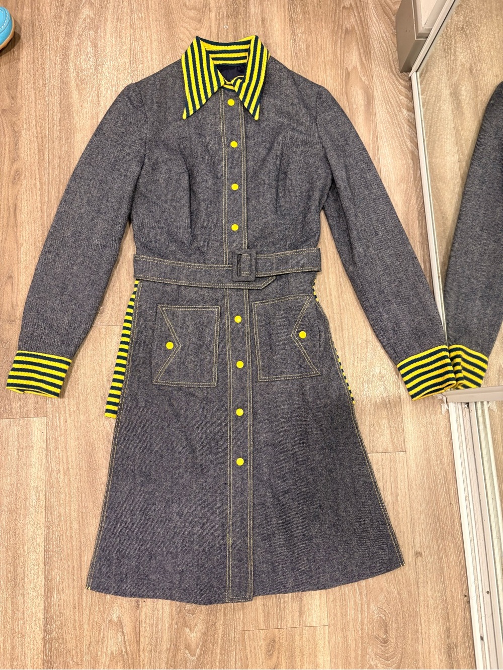 Women's Grey Denim-Style Belted Trench with Yellow-Striped Collar